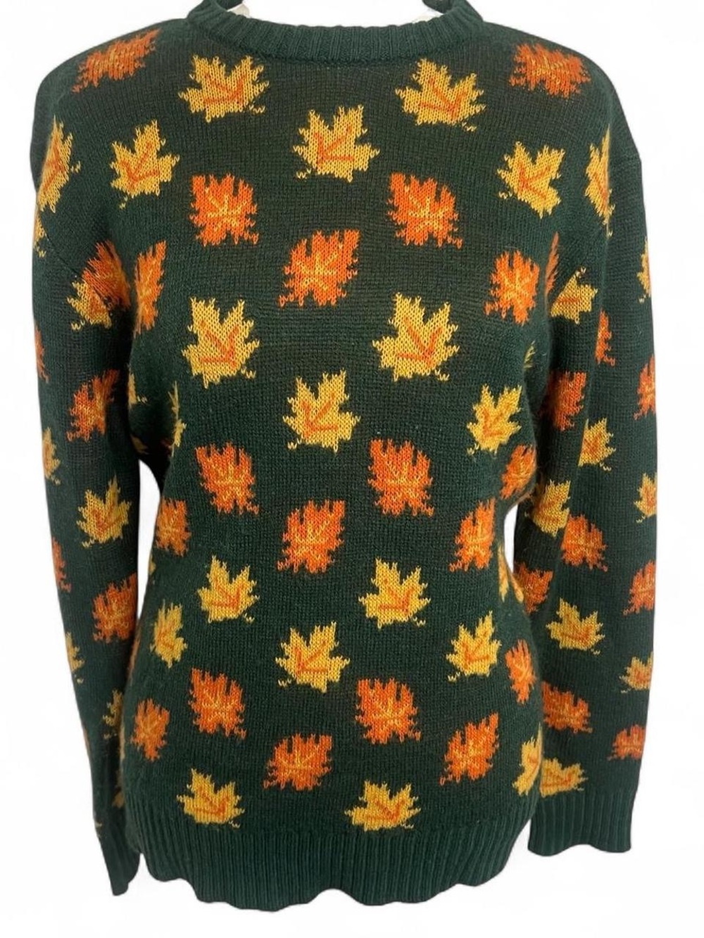 Dark green fall autumn leaves crewneck sweater orange yellow wool outdoors